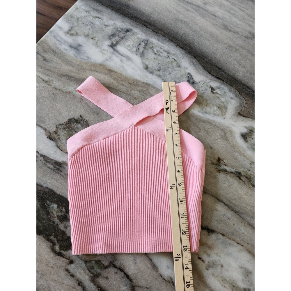 Aritzia Babaton Sculpt Knit Cross Front Halter Top Pink Ribbed Sleeveless XS - Picture 7 of 7